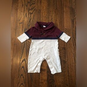 Janie & Jack Boys 0-3M Burgundy Long-Sleeved Shawl Collar Romper w/Leather Tie